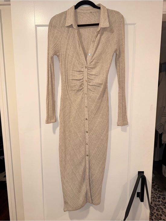PrettyLittleThing Dresses & Skirts - PrettyLittleThing Beige Ribbed Long Sleeve Button-Front Midi Dress
